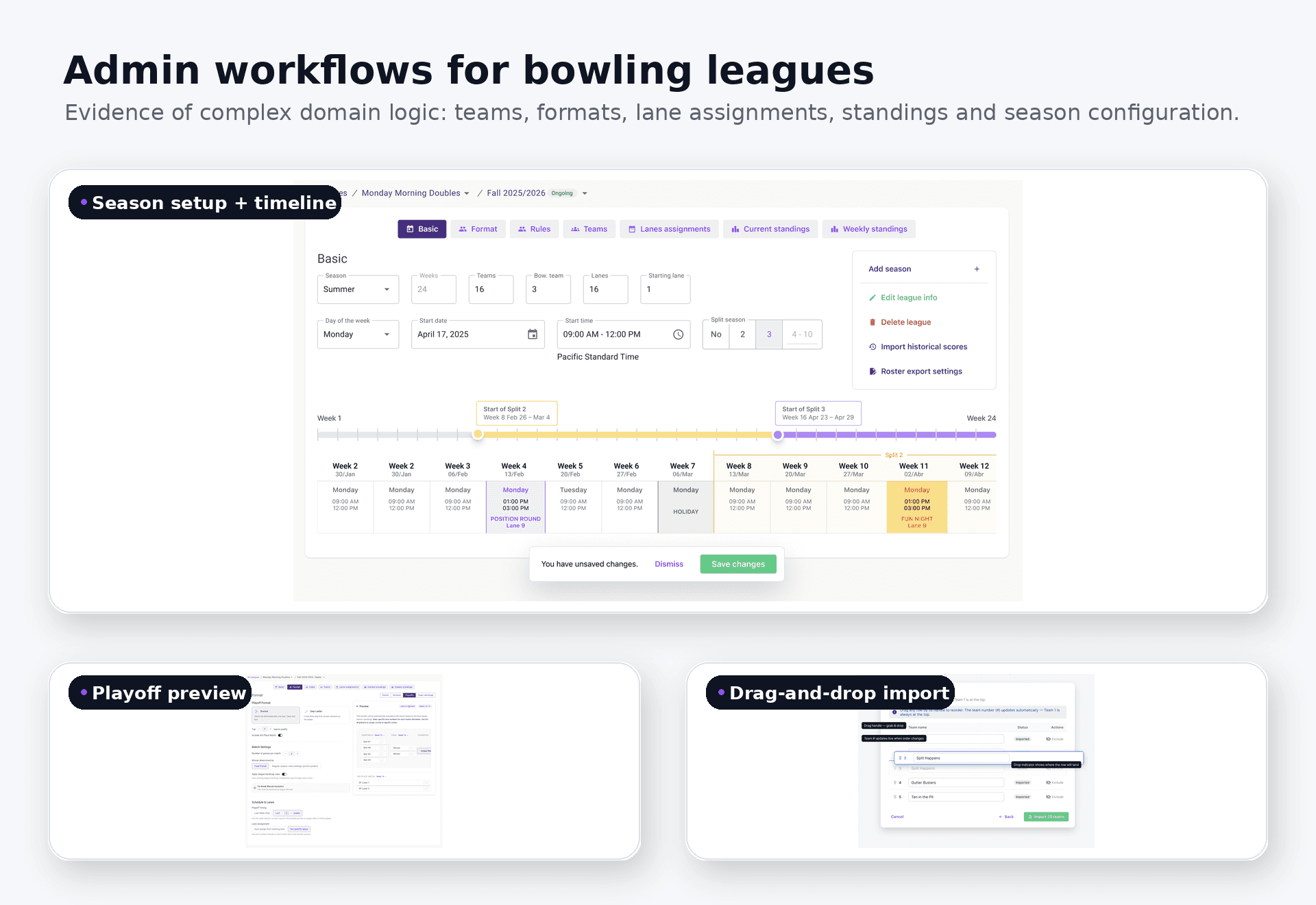LaneTalk admin workflows showing league setup, team import, ordering, playoff previews, and season scheduling