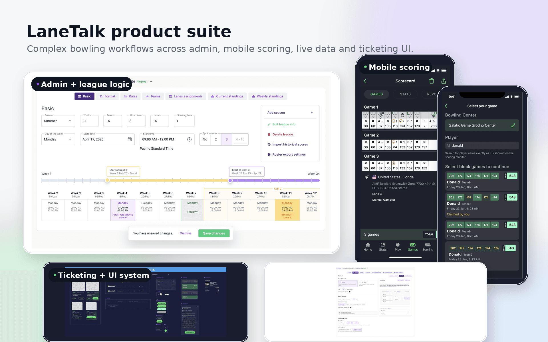 LaneTalk product suite showing admin workflows, mobile scoring, ticketing, and shared interface patterns