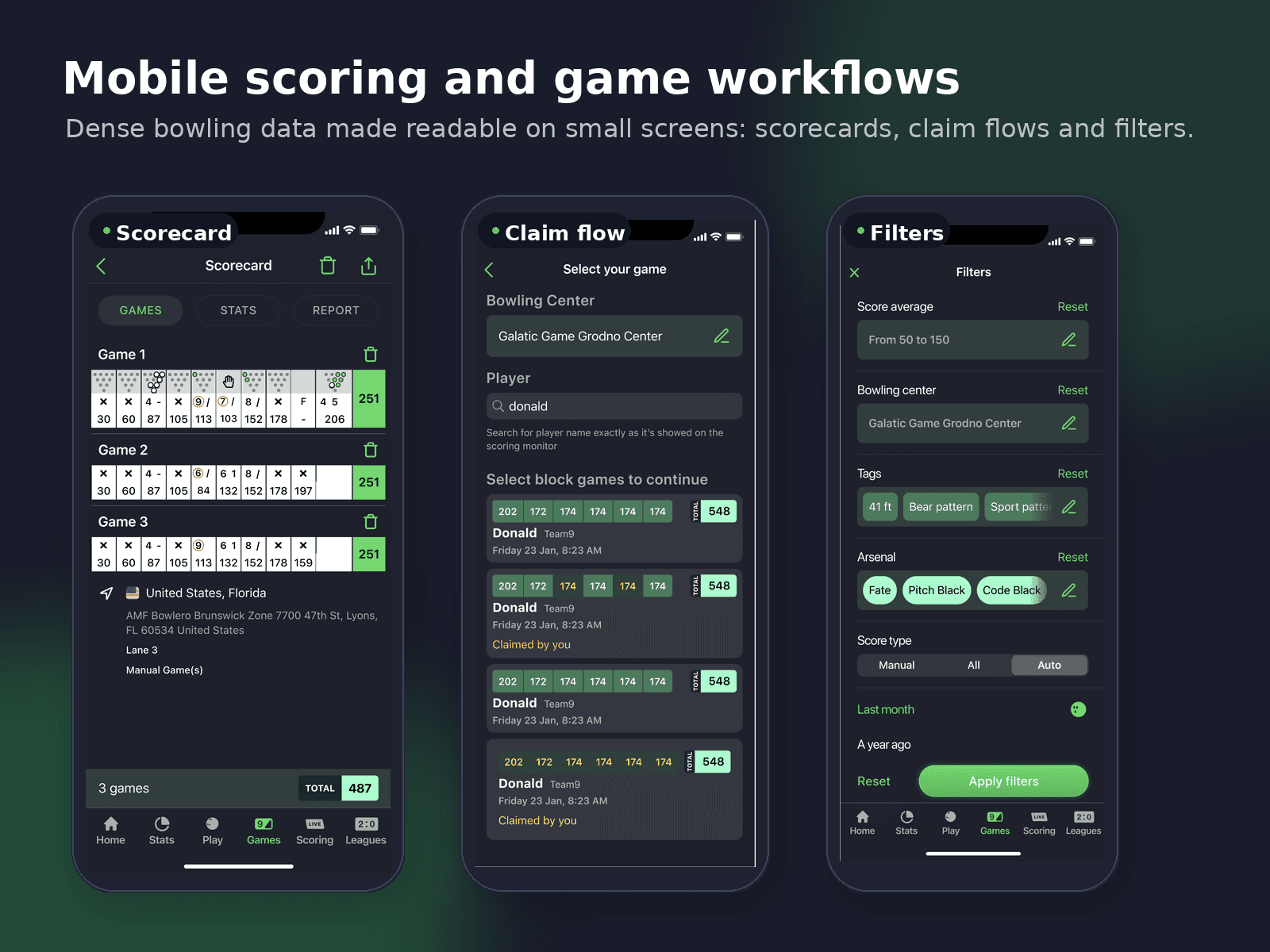 LaneTalk mobile scoring workflows showing scorecards, game claiming, filtering, and bowling data on small screens