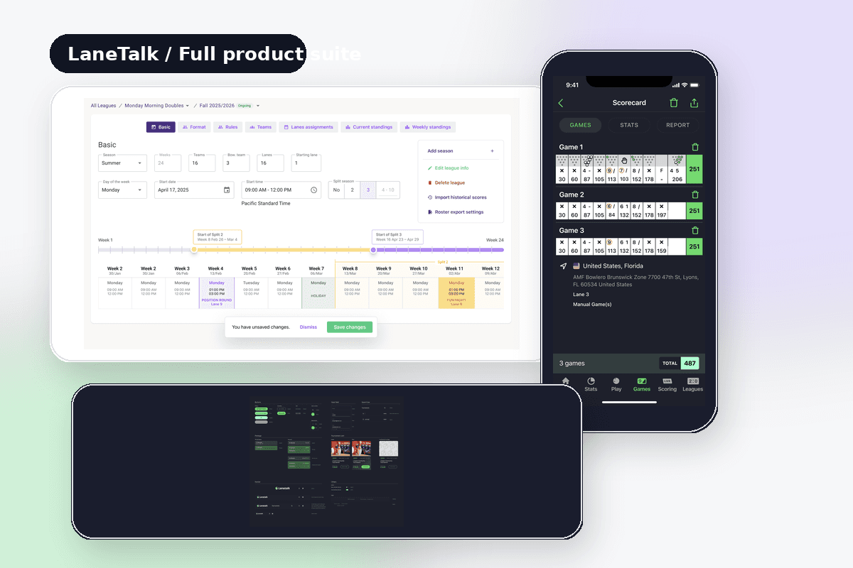 LaneTalk full product suite thumbnail showing admin, mobile scoring, ticketing, and UI system surfaces