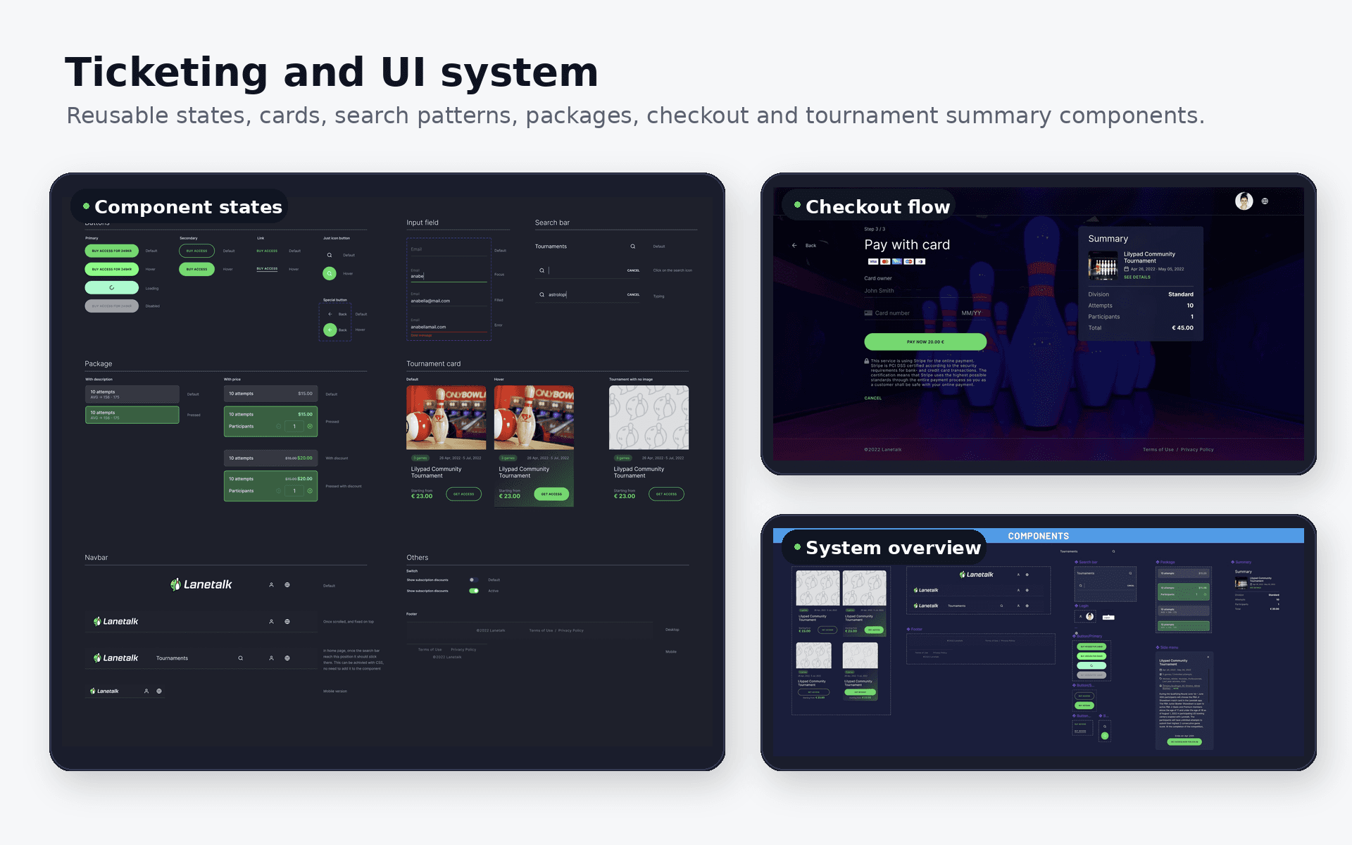 LaneTalk ticketing and UI system showing packages, checkout, search, navigation, and state variants