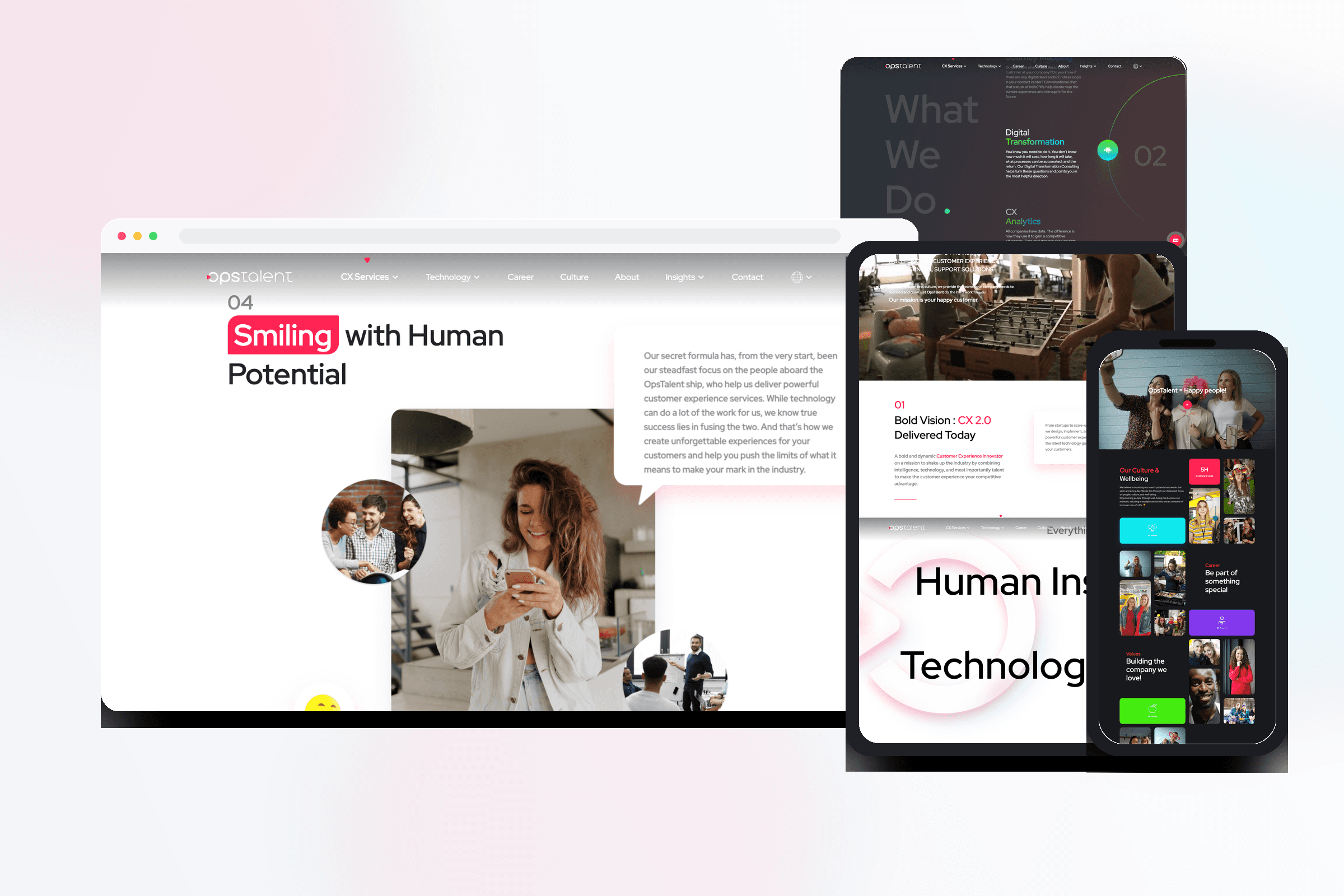 OpsTalent website screens showing homepage, culture, and contact sections