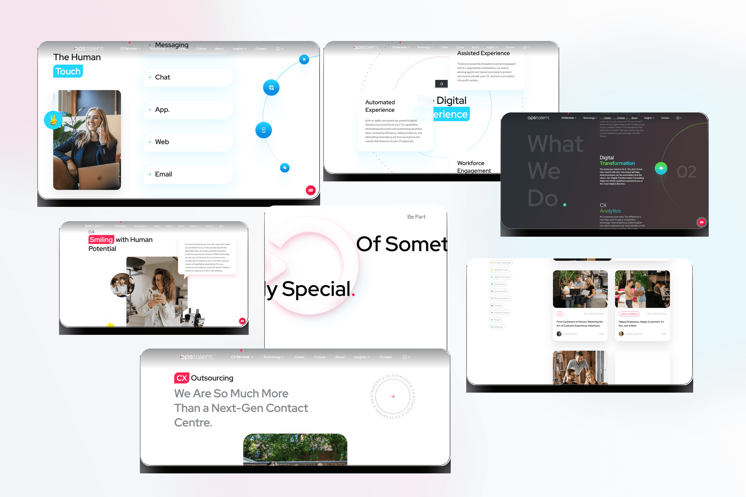 OpsTalent interaction examples including hero media, service cards, culture content, and contact flow
