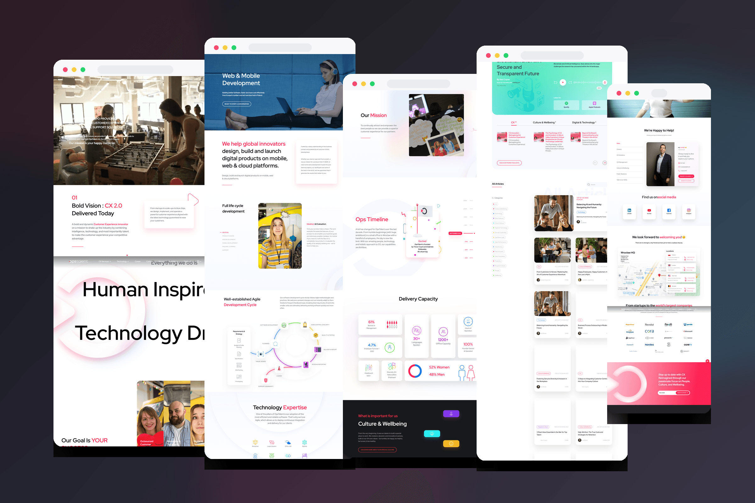 Long OpsTalent pages showing home, culture, and contact content at full depth