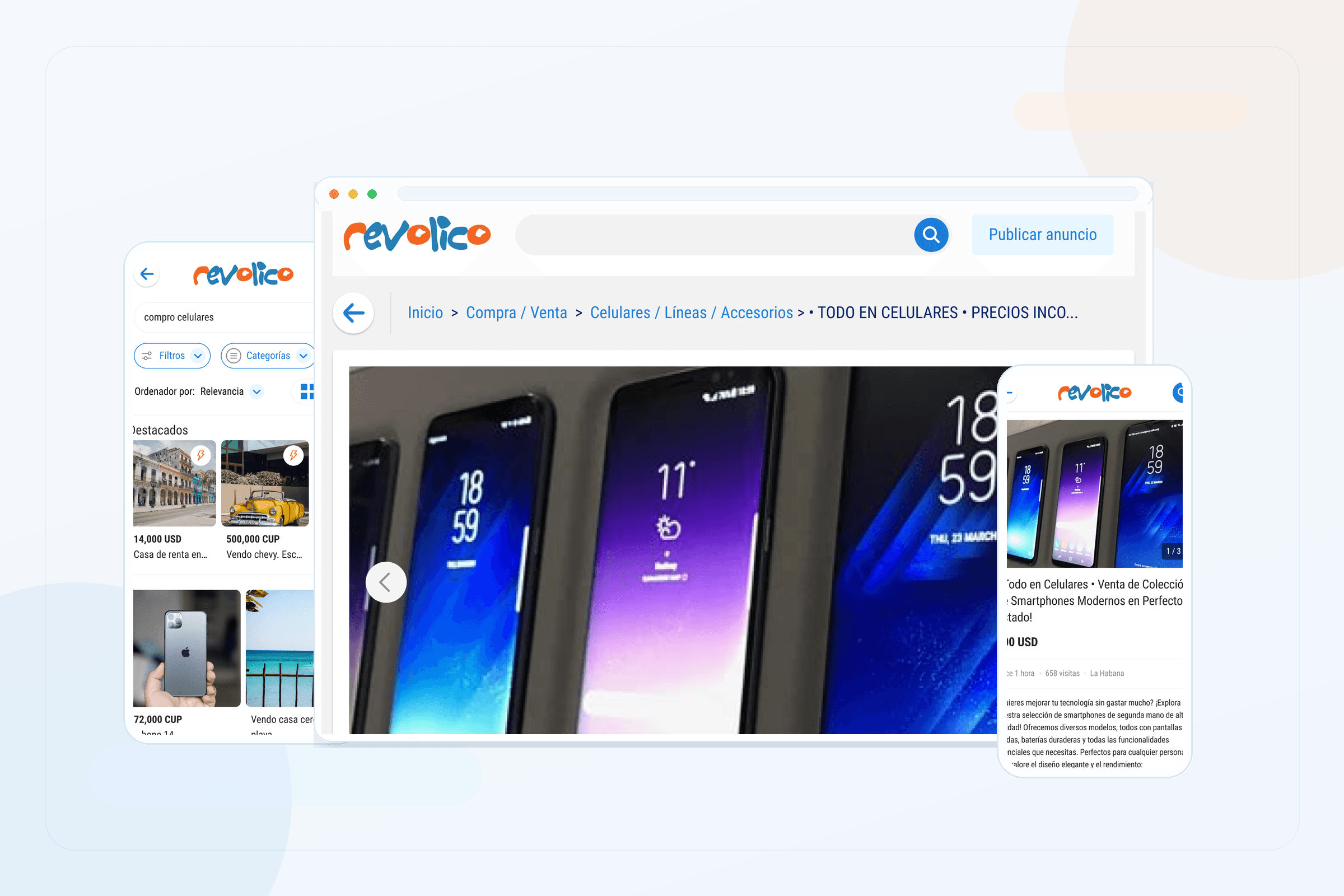 Revolico marketplace across desktop category browsing, mobile search, and listing detail screens