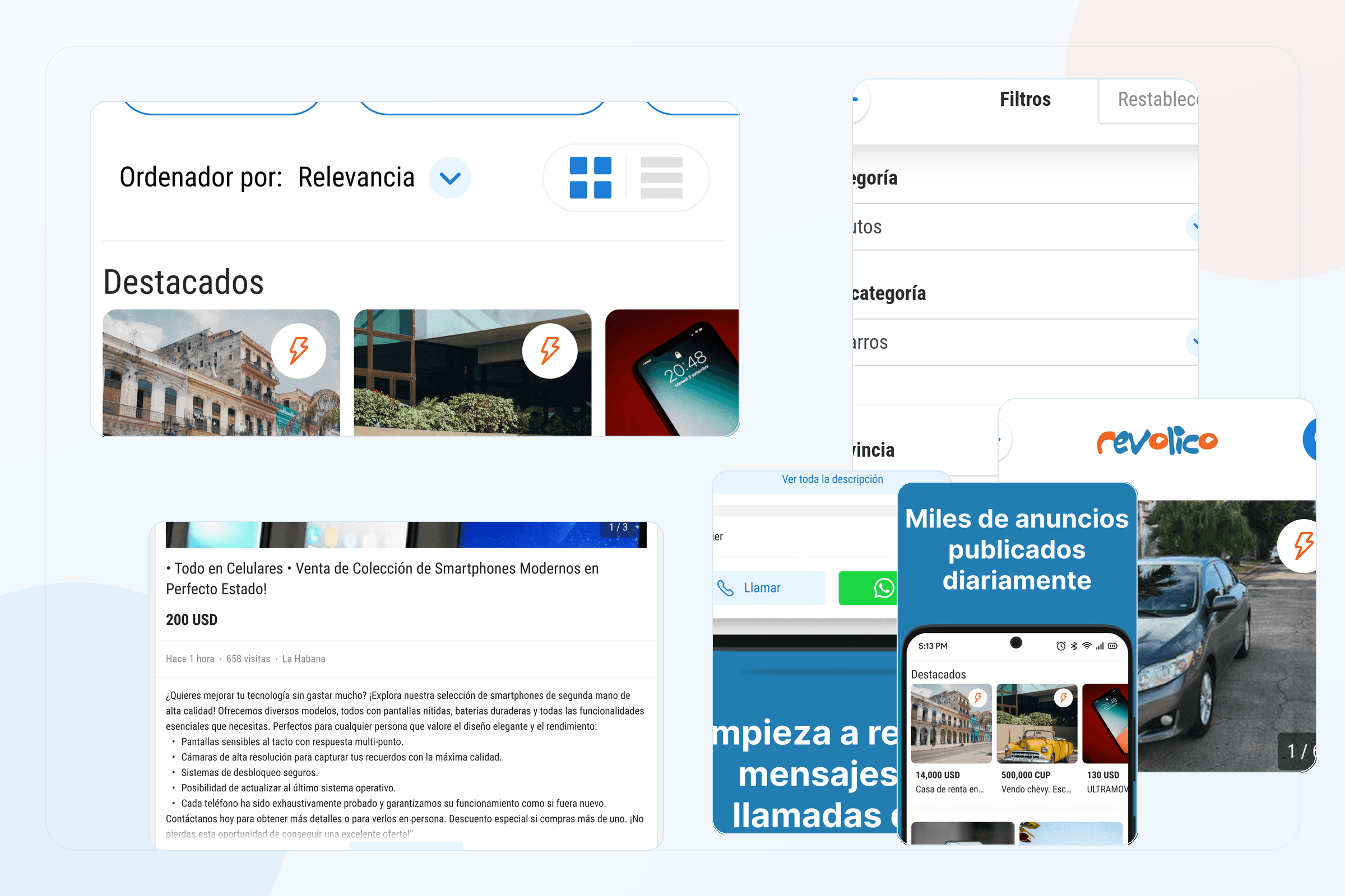 Revolico marketplace search interface with filters, result rows, pagination, and mobile search