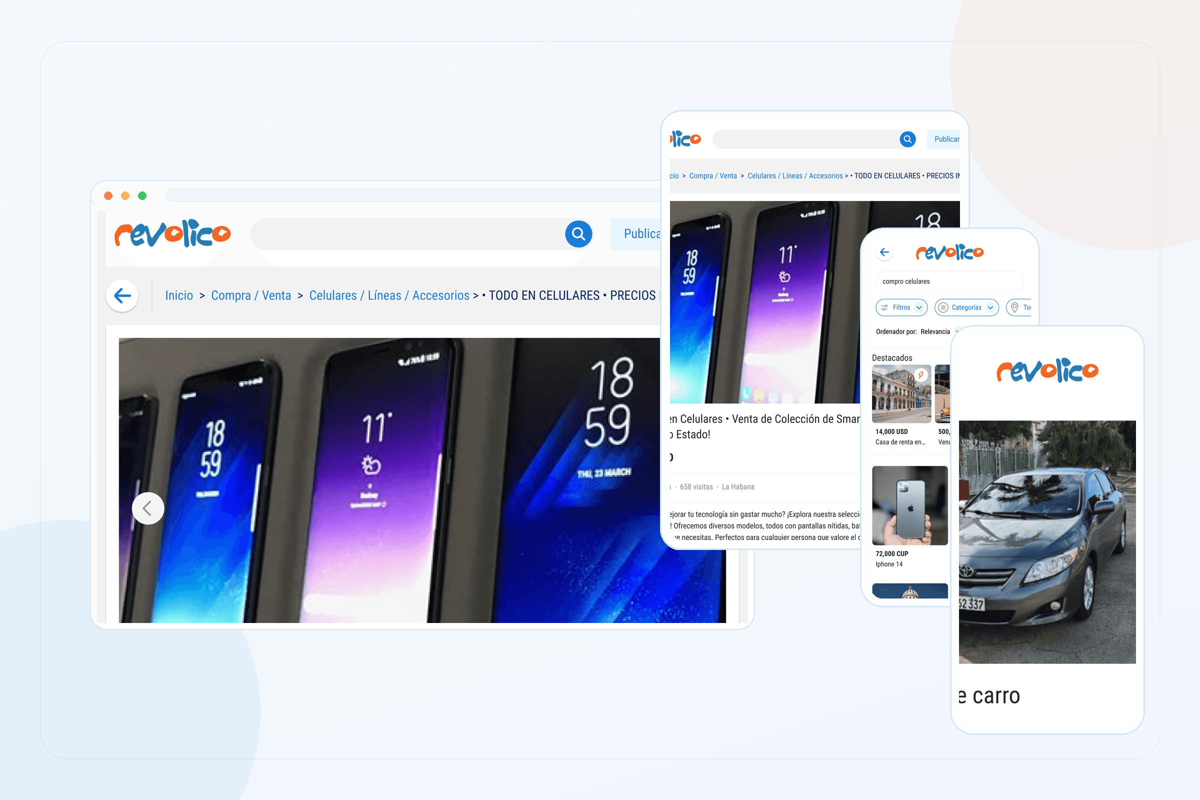 Revolico mobile flows for search, filters, publishing, listing detail, and seller contact