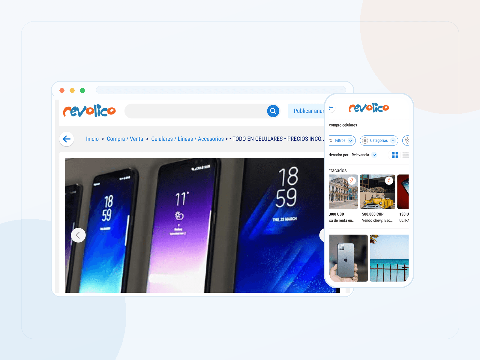 Revolico marketplace platform thumbnail showing search, mobile, publishing, and admin surfaces